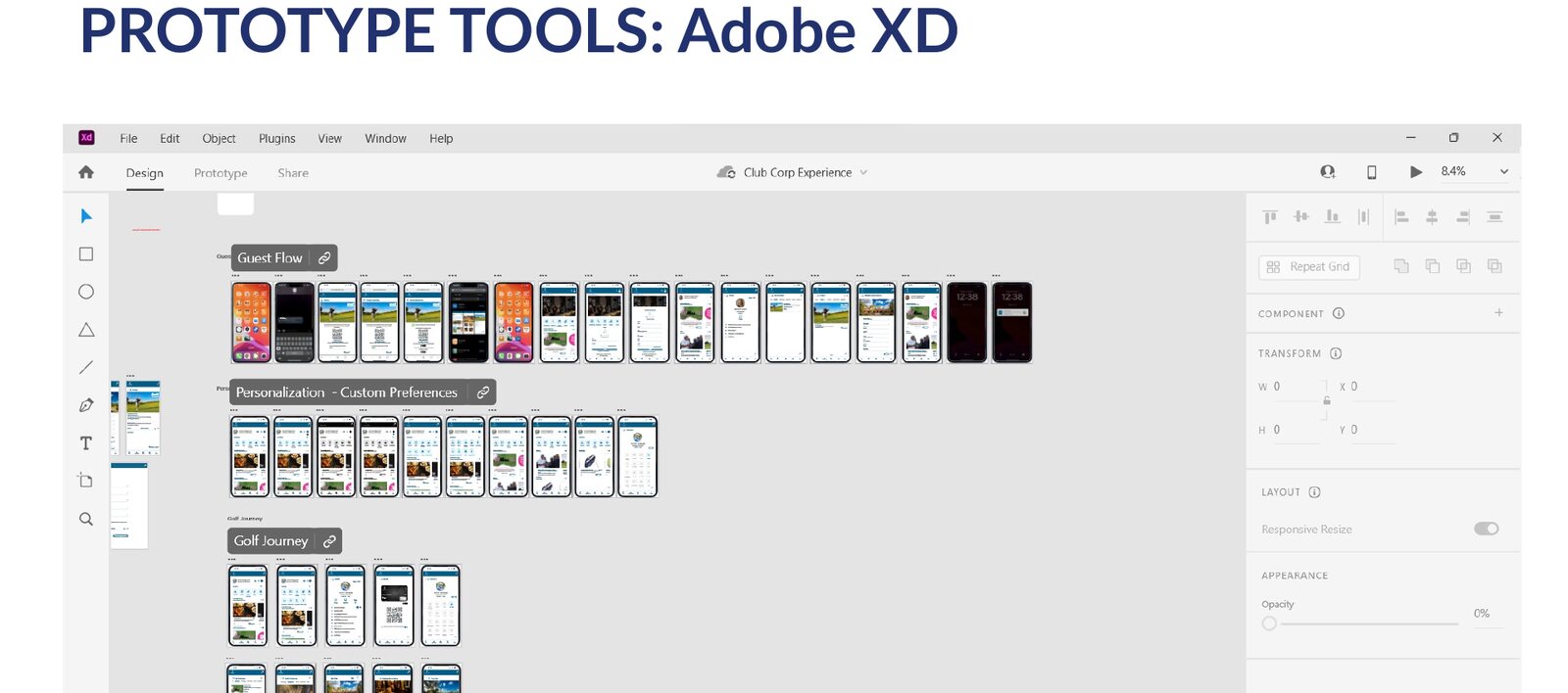 Adobe XD prototype board with guest flow, personalization and golf journey