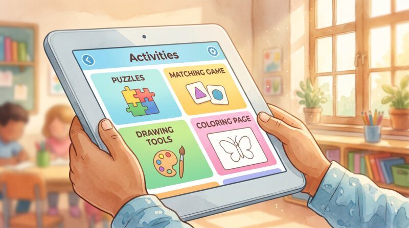 Tablet showing autism-friendly learning activities