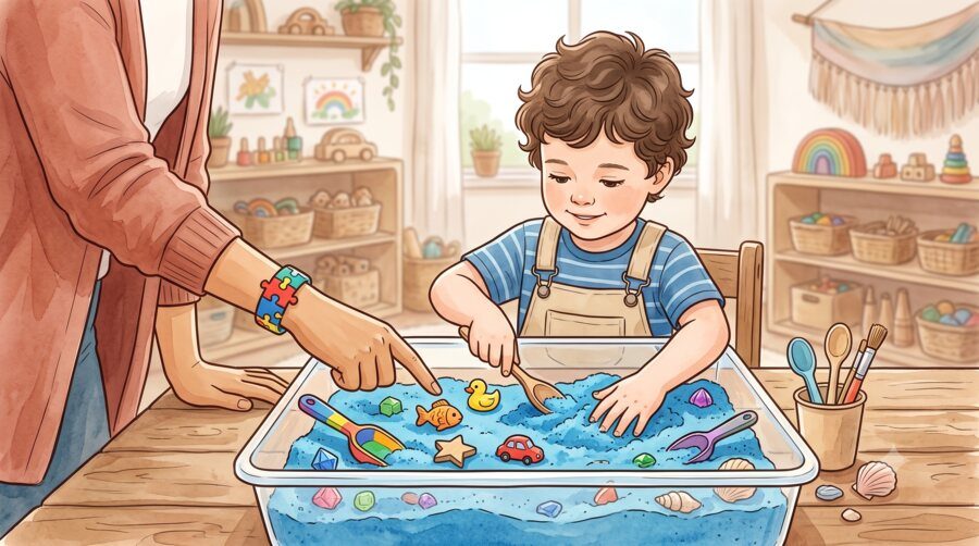 Caregiver guiding a child through a sensory activity