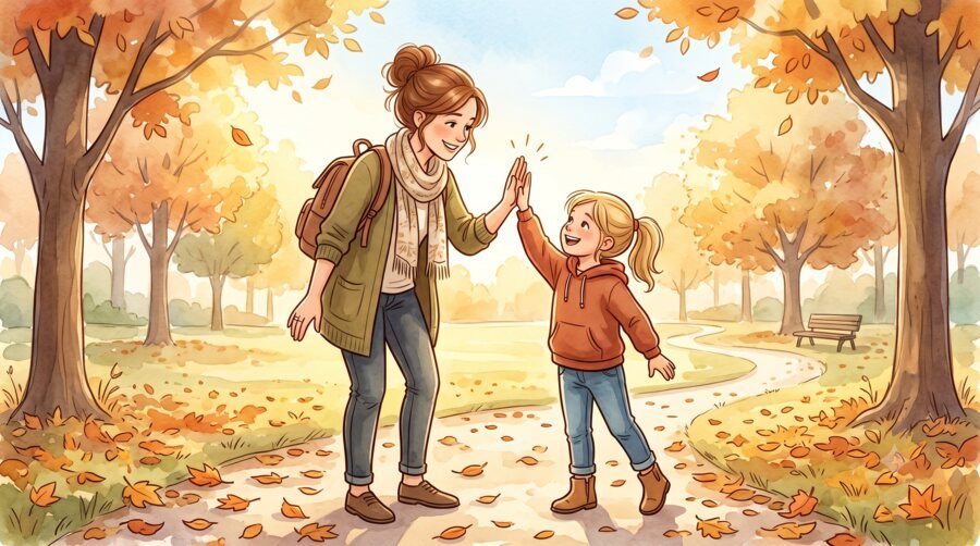 A mother and daughter high-fiving in a park